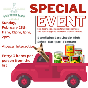 Special Event: Alpaca Interaction and Food Drive